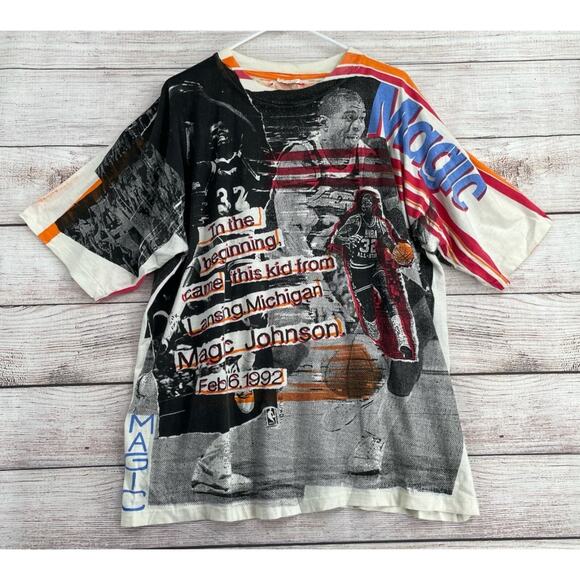 Vintage 1992 Magic Johnson All Over Print Single Stitch T-Shirt Men's‎ Size XXL - Picture 1 of 10